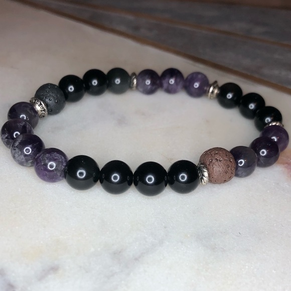Healing bracelet Amethyst Black Obsidian Lava bead - Picture 5 of 8